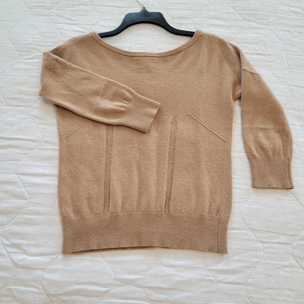 Wool-Modal-Cashmere Tan Boatneck 3/4 Sleeve Fitted Pullover Size XS Ann Taylor
